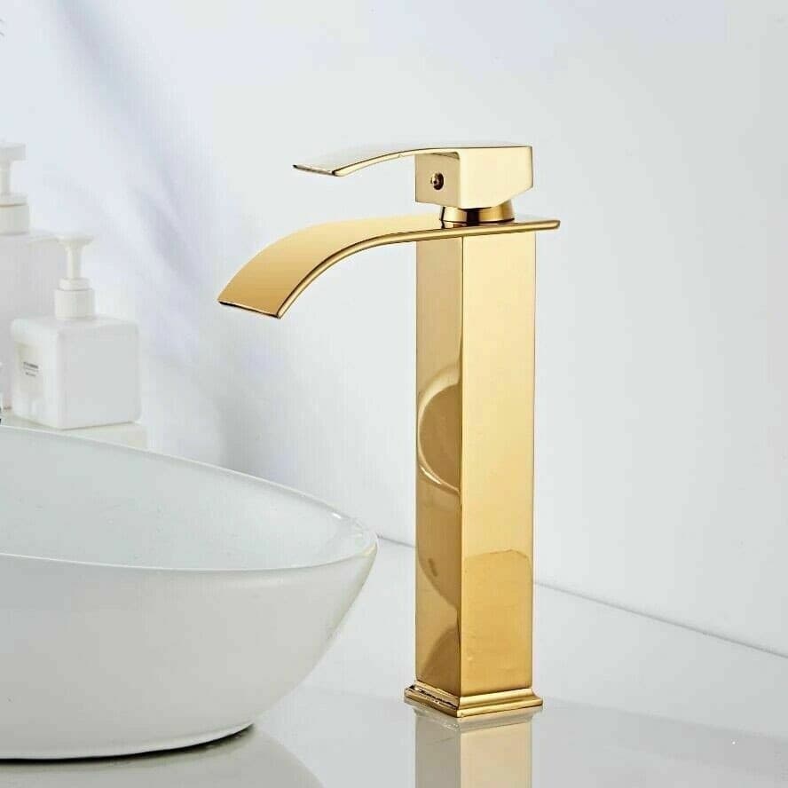 RUBINETTO ALTO DA BAGNO DESIGN MODERNO A CASCATA MISCELATORE MONOCOMANDO DORATO - 2
