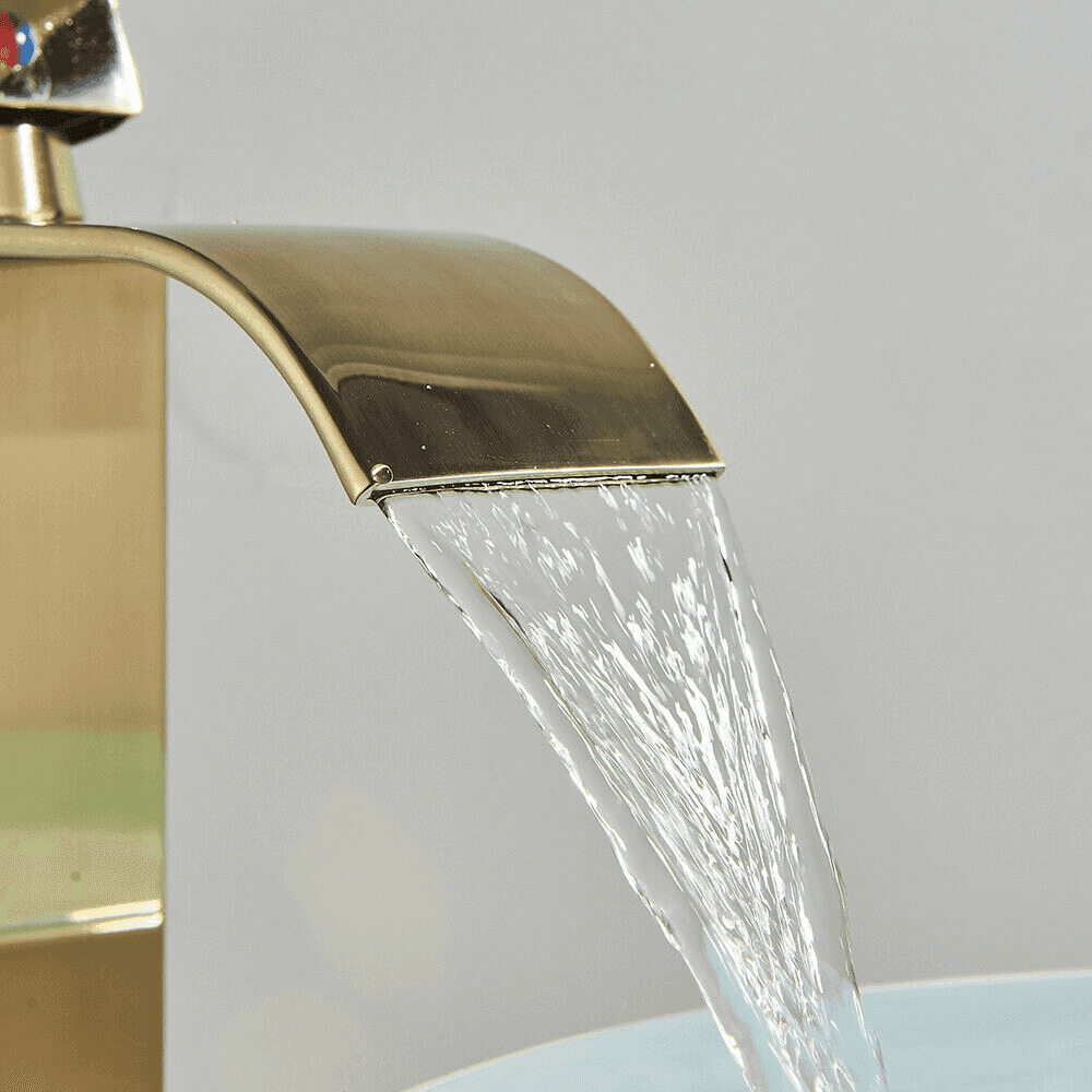 RUBINETTO ALTO DA BAGNO DESIGN MODERNO A CASCATA MISCELATORE MONOCOMANDO DORATO - 3