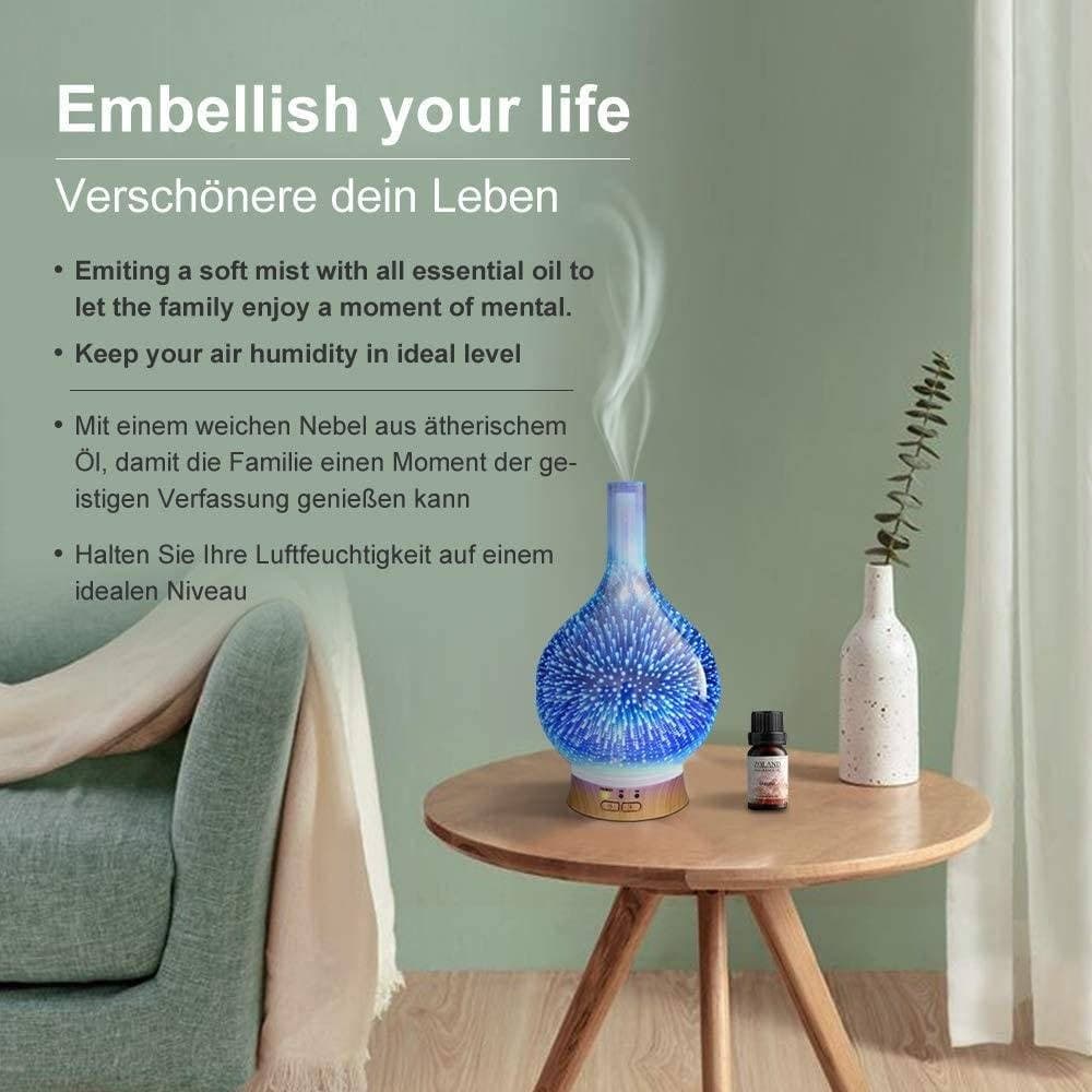 DIFFUSORE OLI VETRO CROMOTERAPIA AROMATERAPIA UMIDIFICATORE 3D ULTRASUONI TIMER - 6