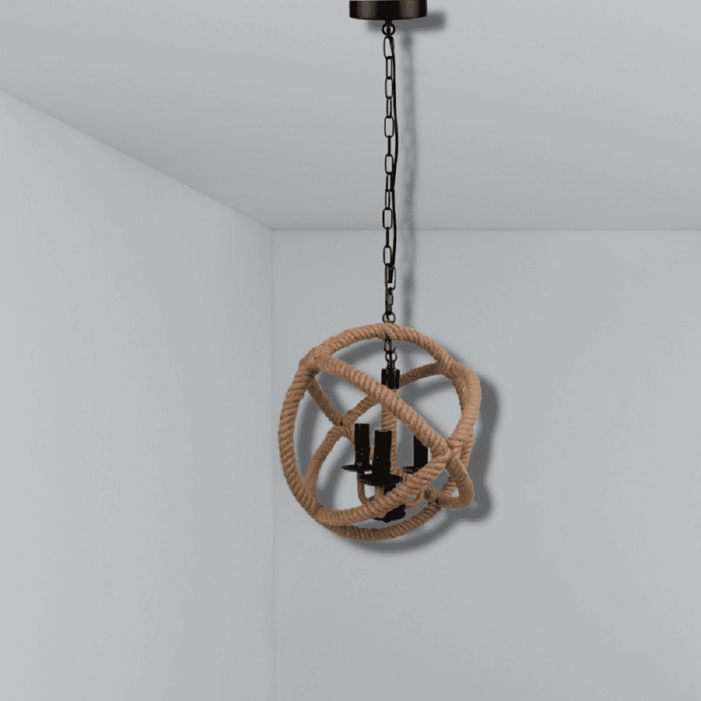 LAMPADARIO A SOSPENSIONE RUSTICO INDUSTRIALE E14 SFERA IN CORDA METALLO B55-3 - 8