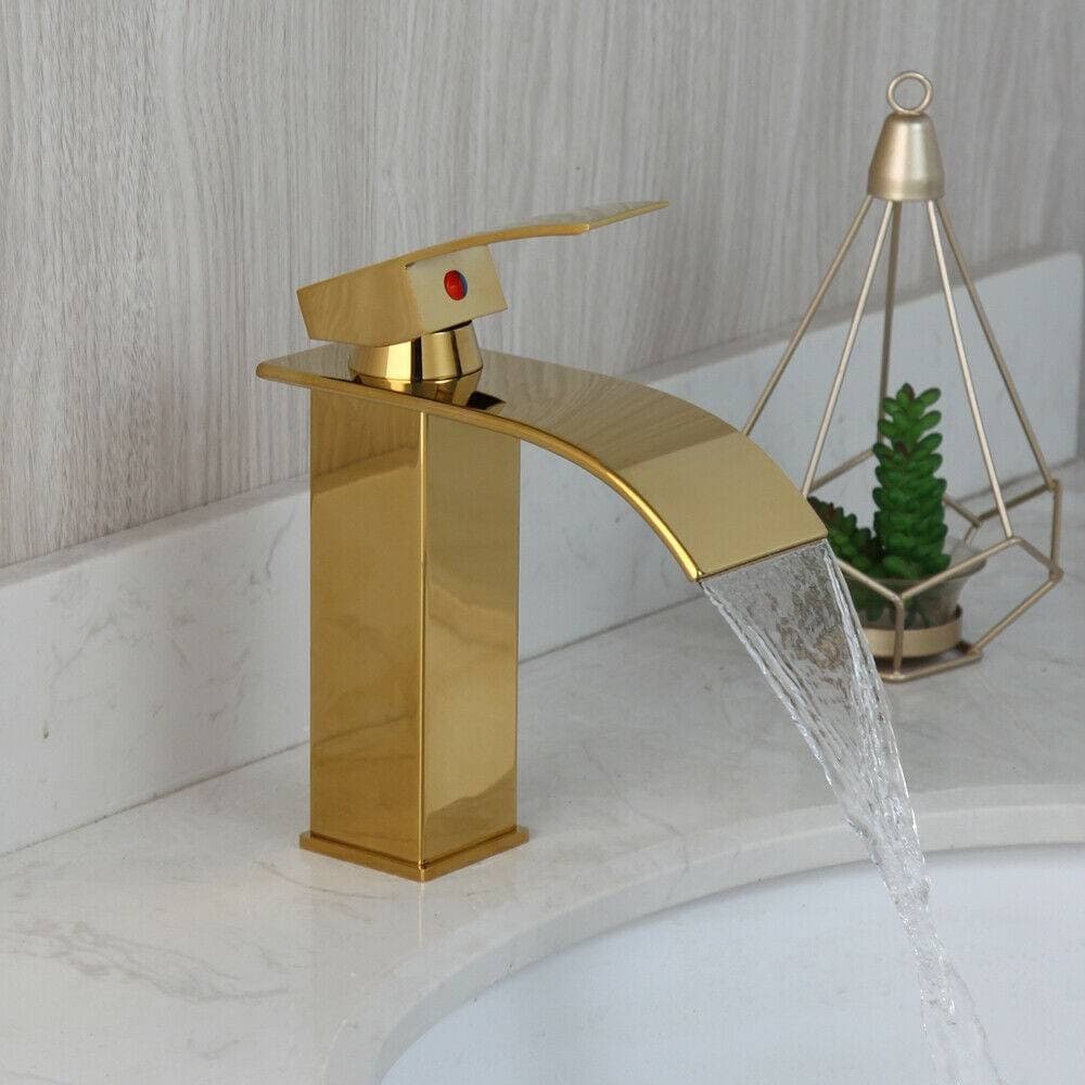 RUBINETTO ORO DA BAGNO DESIGN MODERNO A CASCATA MISCELATORE MONOCOMANDO DORATO - 3