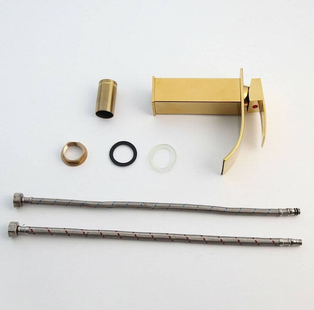 RUBINETTO ORO DA BAGNO DESIGN MODERNO A CASCATA MISCELATORE MONOCOMANDO DORATO - 4