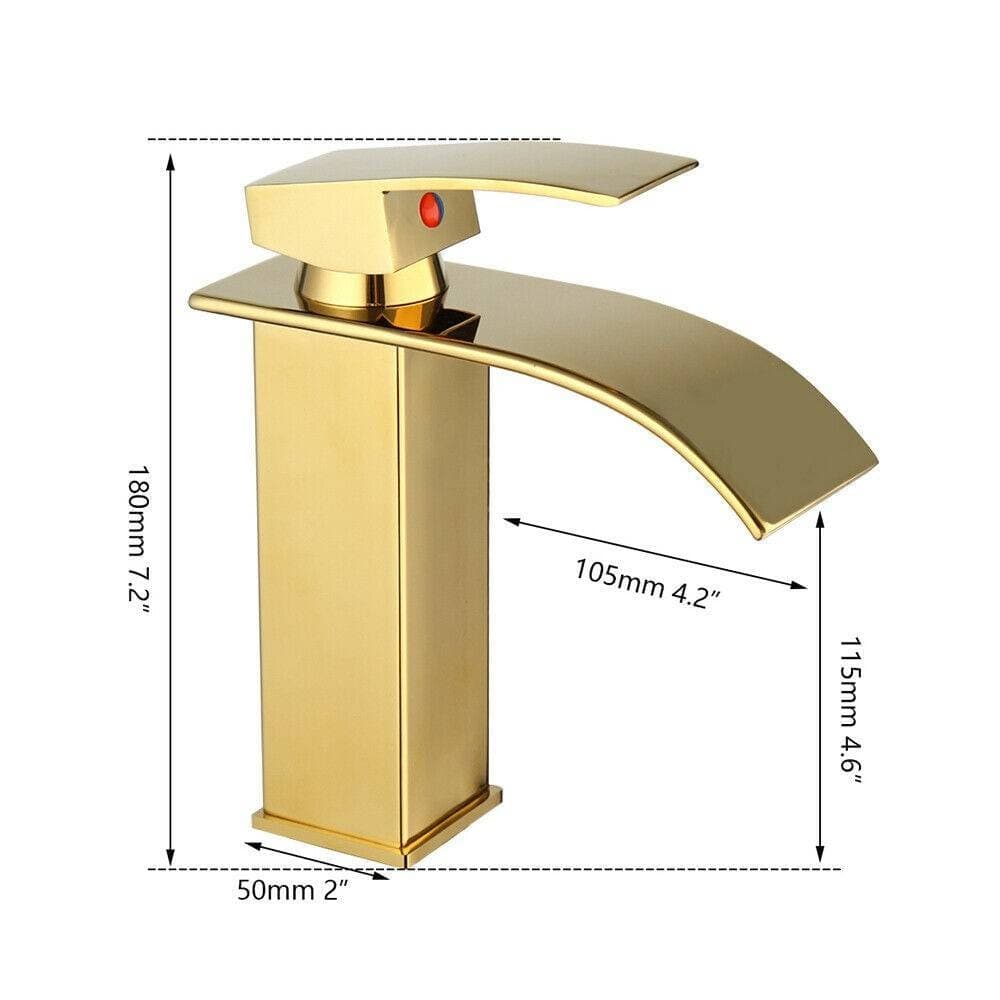 RUBINETTO ORO DA BAGNO DESIGN MODERNO A CASCATA MISCELATORE MONOCOMANDO DORATO - 6