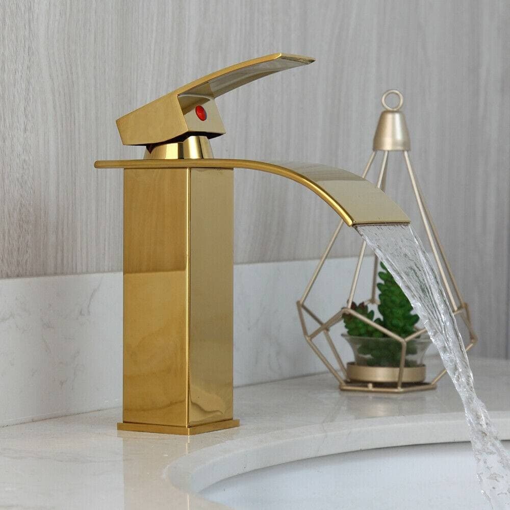 RUBINETTO ORO DA BAGNO DESIGN MODERNO A CASCATA MISCELATORE MONOCOMANDO DORATO - 7