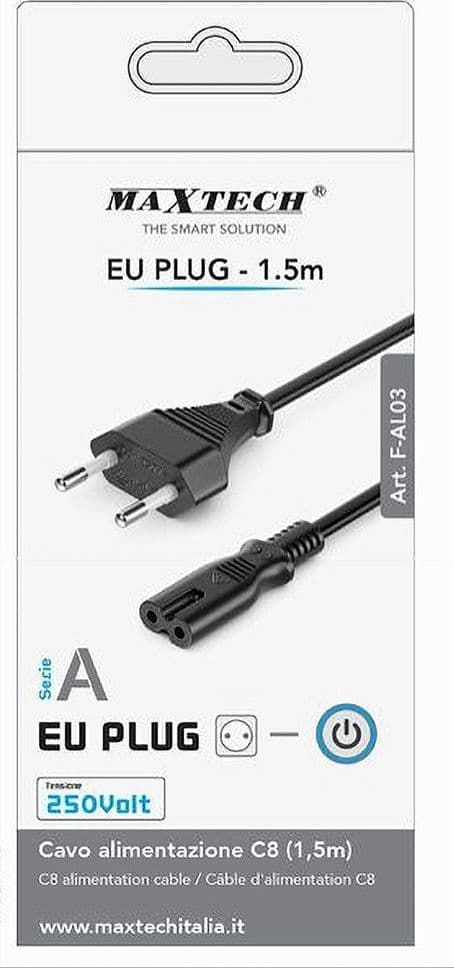 CAVO ALIMENTAZIONE SPINA 2.5A PRESA TIPO BIPOLARE C8 EU PLUG 1.5MT 250V F-AL03-A - 2