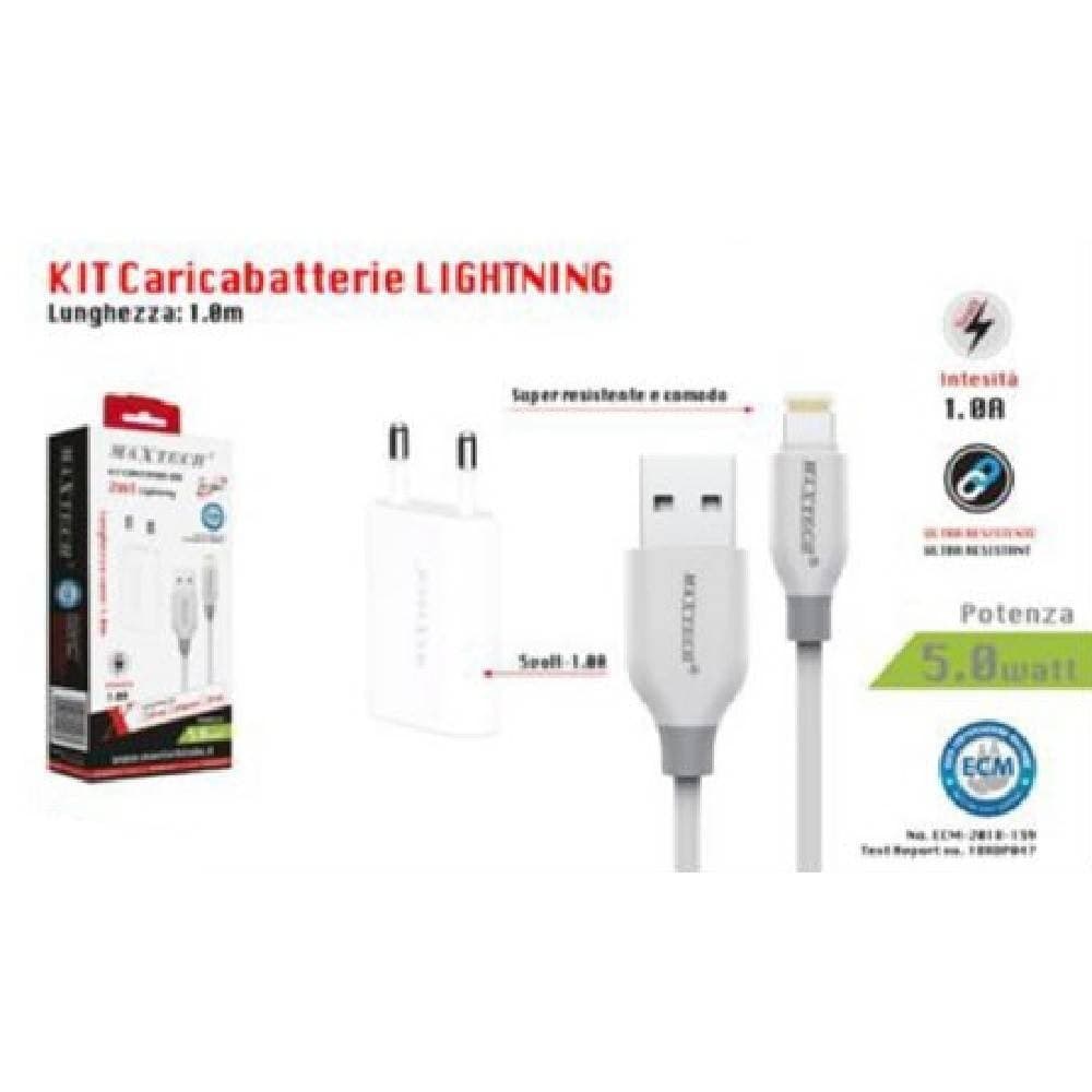 KIT CARICABATTERIE CARICATORE CAVO USB LIGHTNING IPHONE 1A 5W 1MT CA-S041 RICARICA - 2