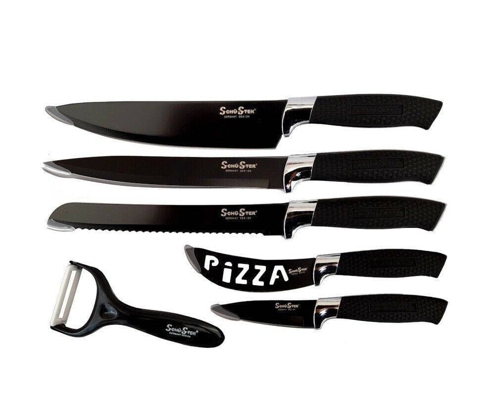 SET 5 COLTELLI NERI DA CUCINA IN ACCIAIO MANICO ANTISCIVOLO + PELAPATATE BLACK - 2