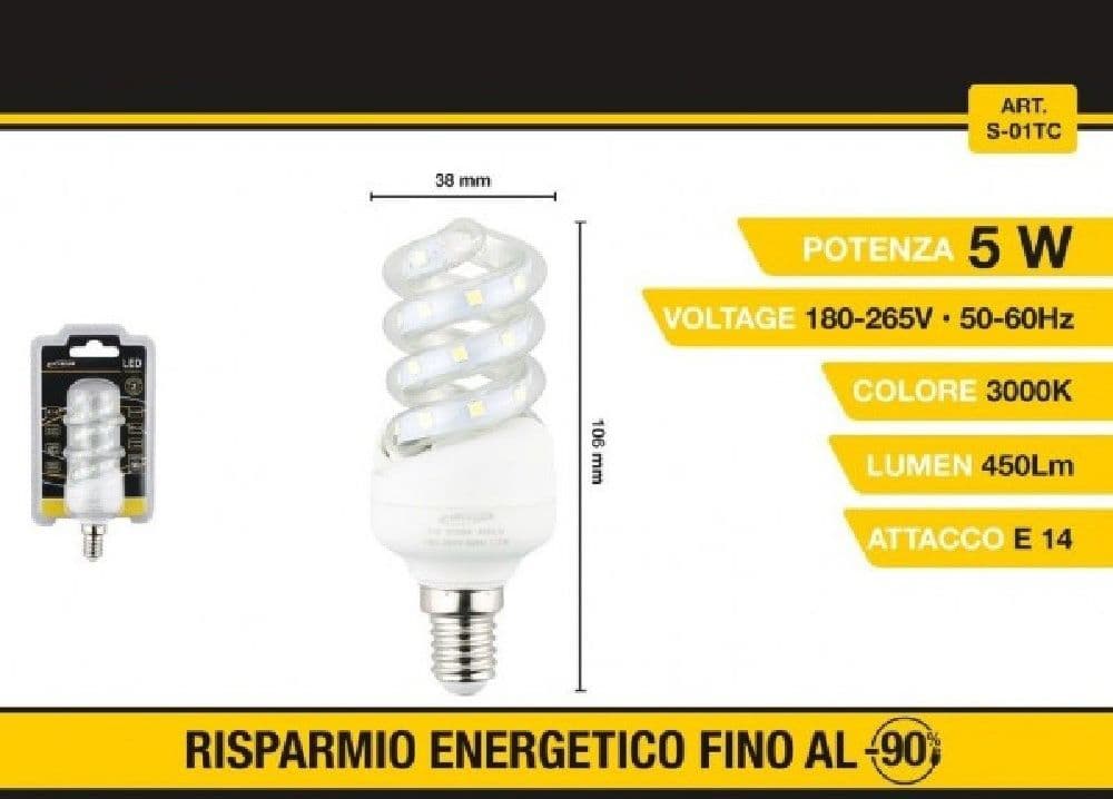 LAMPADINA LED A SPIRALE E14 5 W LUCE BIANCA FREDDA CALDA NATURALE 28D S-01T - 4
