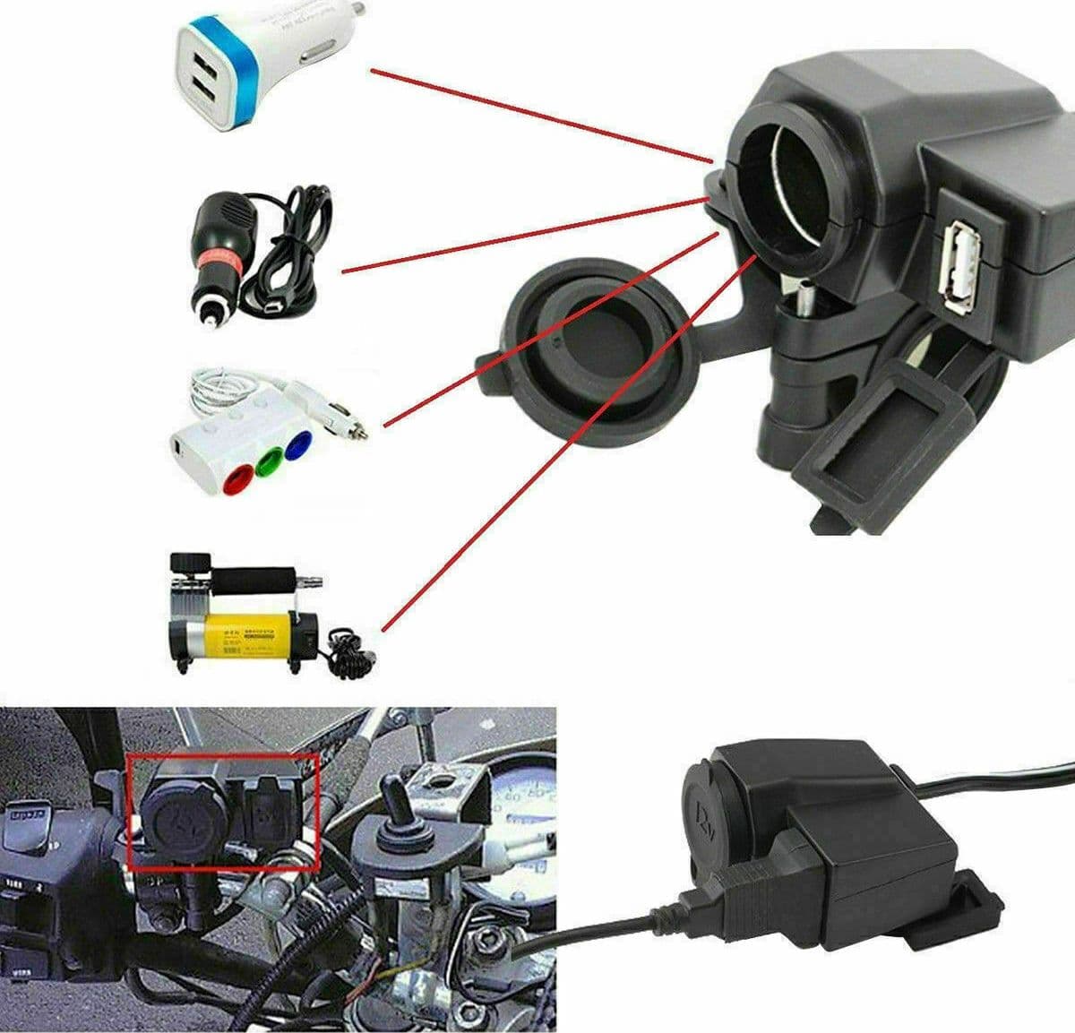 ADATTATORE 12V MOTO USB PRESA ACCENDISIGARI IMPERMEABILE PER CARICABATTERIE NERO - 2