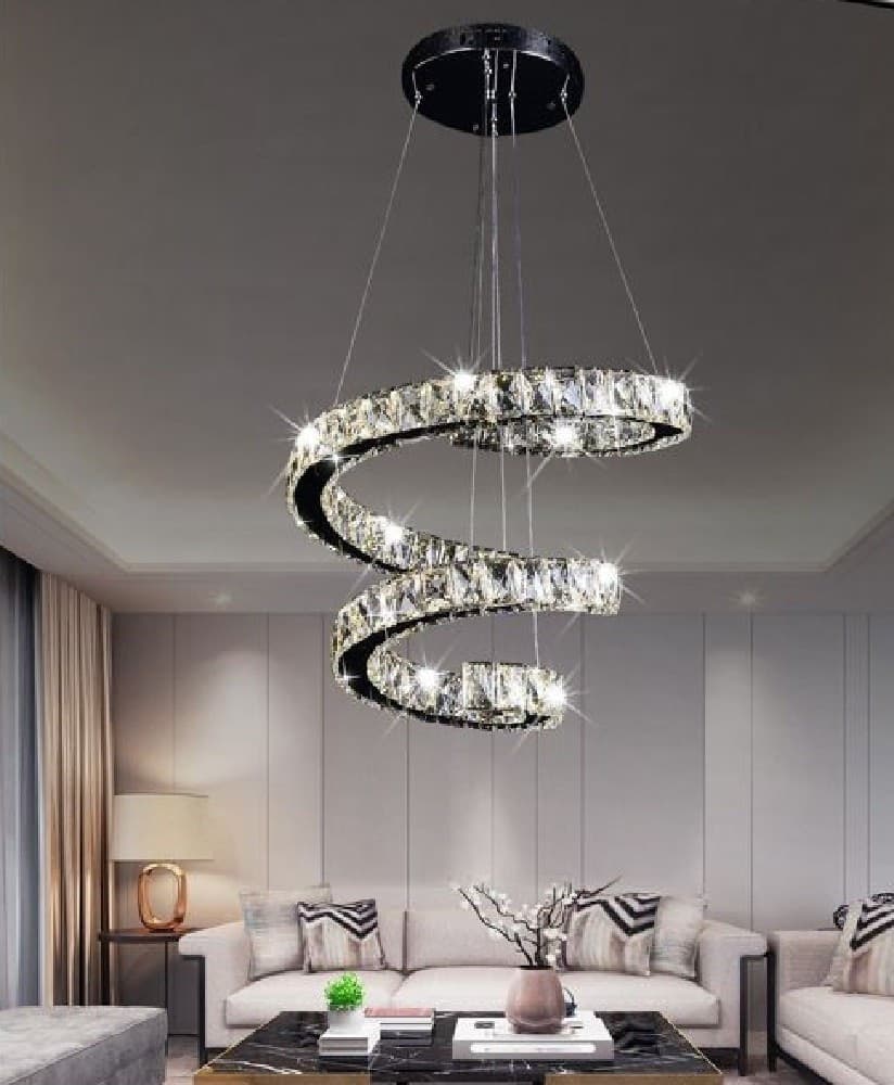 LAMPADARIO SPIRALE SOSPENSIONE REGOLABILE CRISTALLI BASE SPECCHIO 32W 6500K B15 - 3