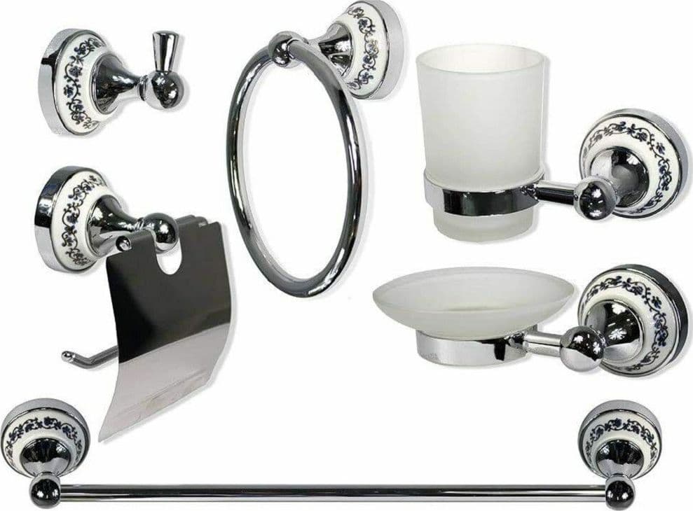 SET 6PZ BAGNO ACCIAIO VETRO CERAMICA BLU NERE 52438 PORTA ROTOLO SAPONE ASCIUGAMANO - 2