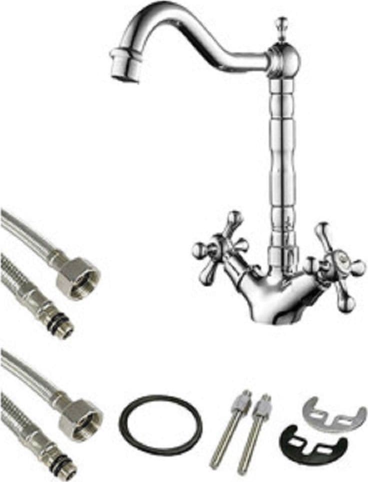 RUBINETTO CUCINA LAVABO DOPPIO COMANDO MONOFORO OTTONE CROMATO LUCIDO MISCELATORE - 3