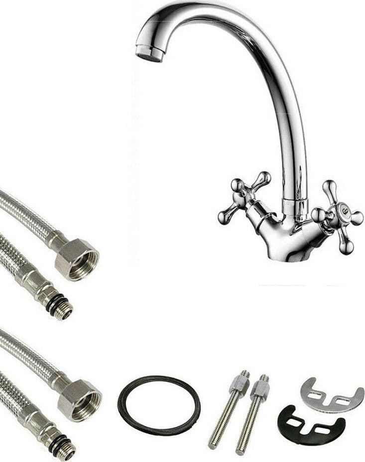 RUBINETTO CUCINA LAVABO MONOFORO OTTONE CROMATO LUCIDO MISCELATORE DOPPIO COMANDO - 3