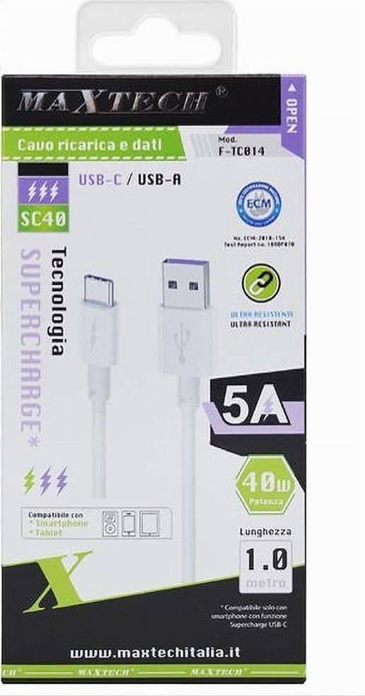 CAVO TYPE-C 1MT SUPERCHARGE RICARICA RAPIDA 5A DATI SMARTPHONE MAXTECH F-TC014 - 3