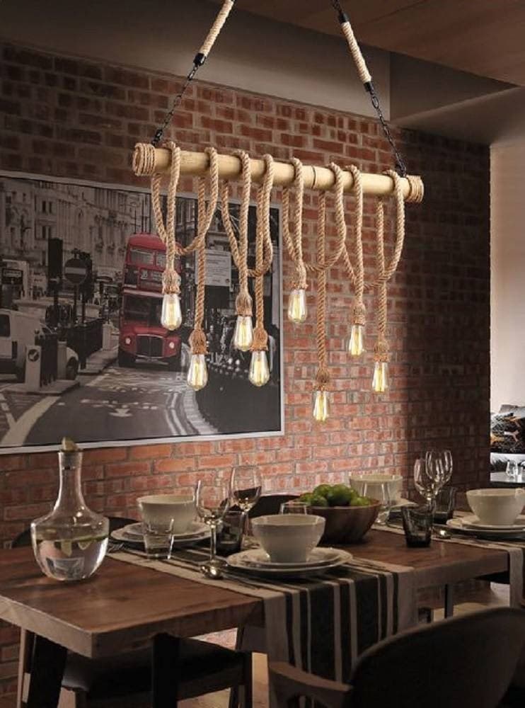 LAMPADARIO COUNTRY 8 PORTALAMPADA E27 LAMPADA SOFFITTO RETRO LEGNO CORDA B23-8 - 3