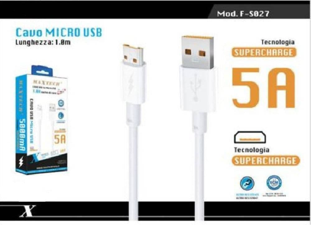 CAVO MICRO USB 5A RICARICA RAPIDA CAVETTO DATI PER SMARTPHONE 1MT MAXTECH F-S027 - 2