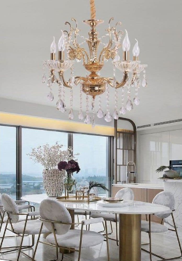 LAMPADARIO SOFFITTO 5 BRACCI A SOSPENSIONE CON CATENA GOCCE PENDENTI LAMPADA A12 - 5