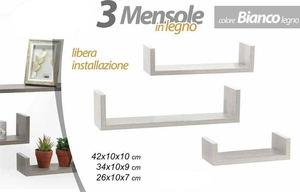 SET 3 MENSOLE DA PARETE MODERNE DESIGN CON BORDI MENSOLA SCAFFALE LEGNO BIANCO - 2