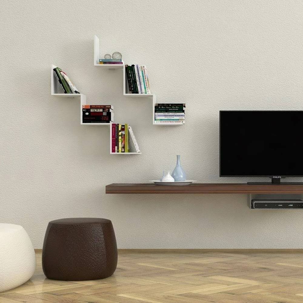 MENSOLA PARETE MODERNA DESIGN ZIG ZAG MENSOLE MURO SCAFFALE 3 RIPIANI BIANCO - 4