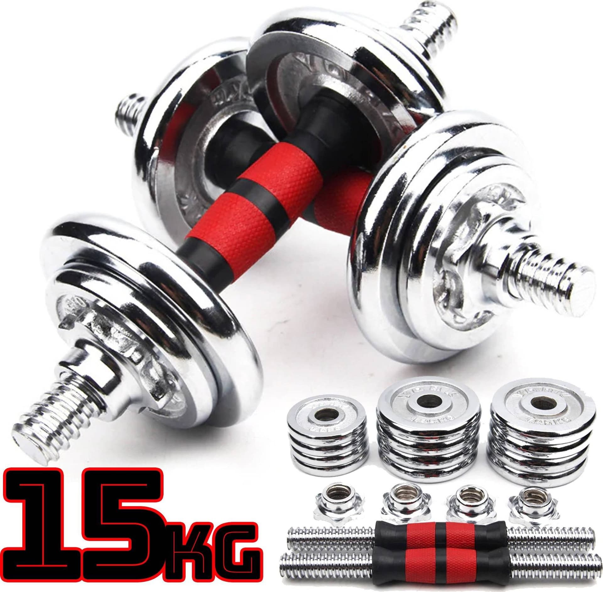 SET MANUBRI PESI REGOLABILI COMPONIBILI PALESTRA DUMBBELL IN ACCIAIO 15 KG TOT - 2