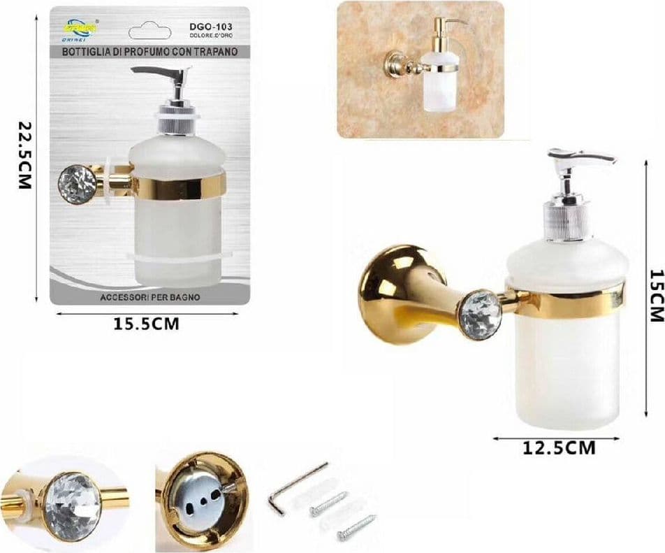 DISPENSER PORTA SAPONE LIQUIDO SUPPORTO BAGNO MURO CASA DORATO ORO DGO-103 - 2