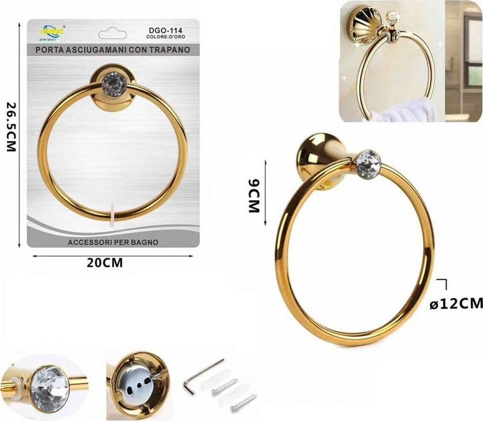 PORTA ASCIUGAMANI BAGNO PARETE ANELLO ORO DORATO SUPPORTO ARREDO BAGNO DGO-114 - 2