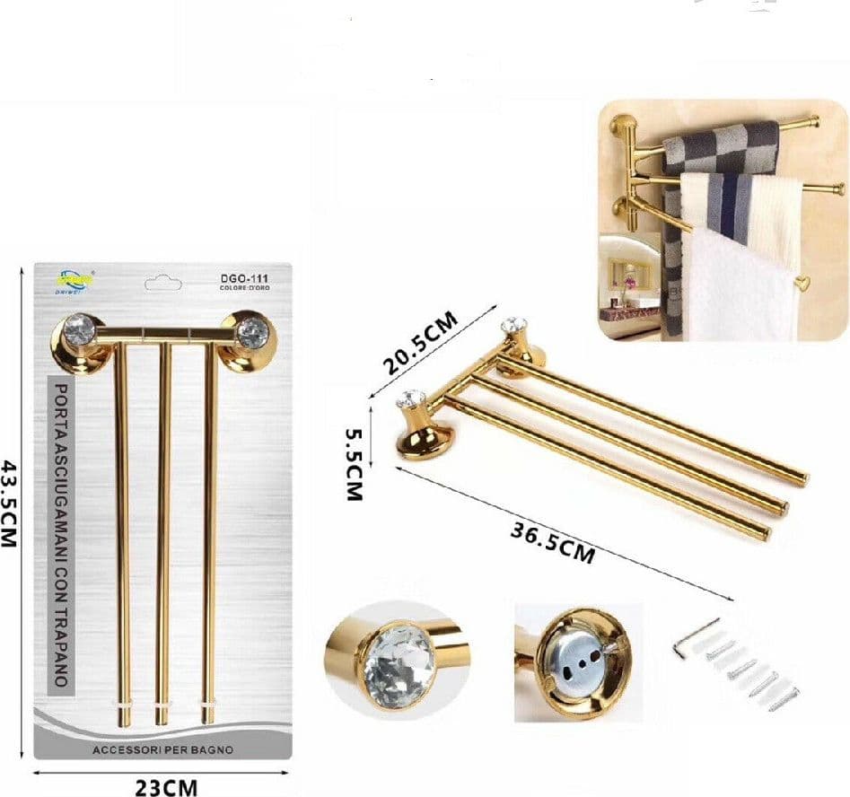 PORTA ASCIUGAMANI TRE ASTE SUPPORTO PER BAGNO DA MURO CASA DORATO ORO DGO-111 - 2