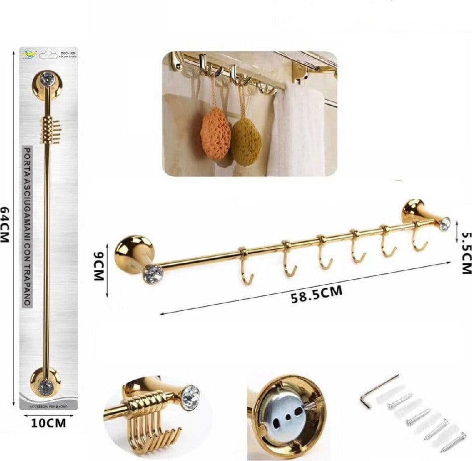 PORTA ASCIUGAMANI 6 GANCI SUPPORTO ARREDO BAGNO CASA CUCINA DORATO ORO DGO-100 - 2