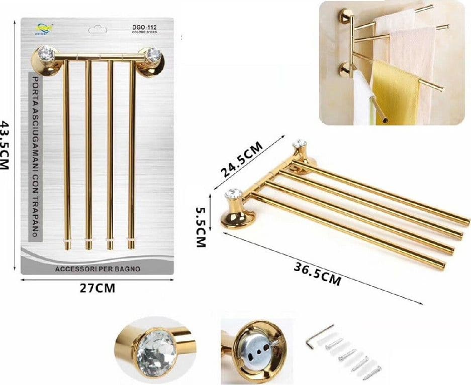 PORTA ASCIUGAMANI 4 ASTE SUPPORTO PER BAGNO DA MURO CASA DORATO ORO DGO-112 - 2