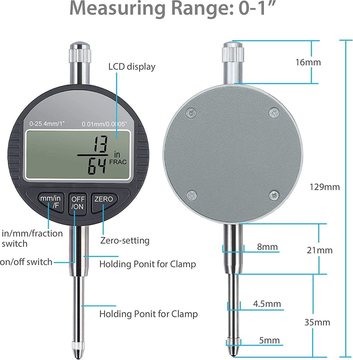 COMPARATORE CENTESIMALE DIGITALE CON DISPLAY 0-25,4MM/0,5" TORNIO  0,01MM/0,005" - 4
