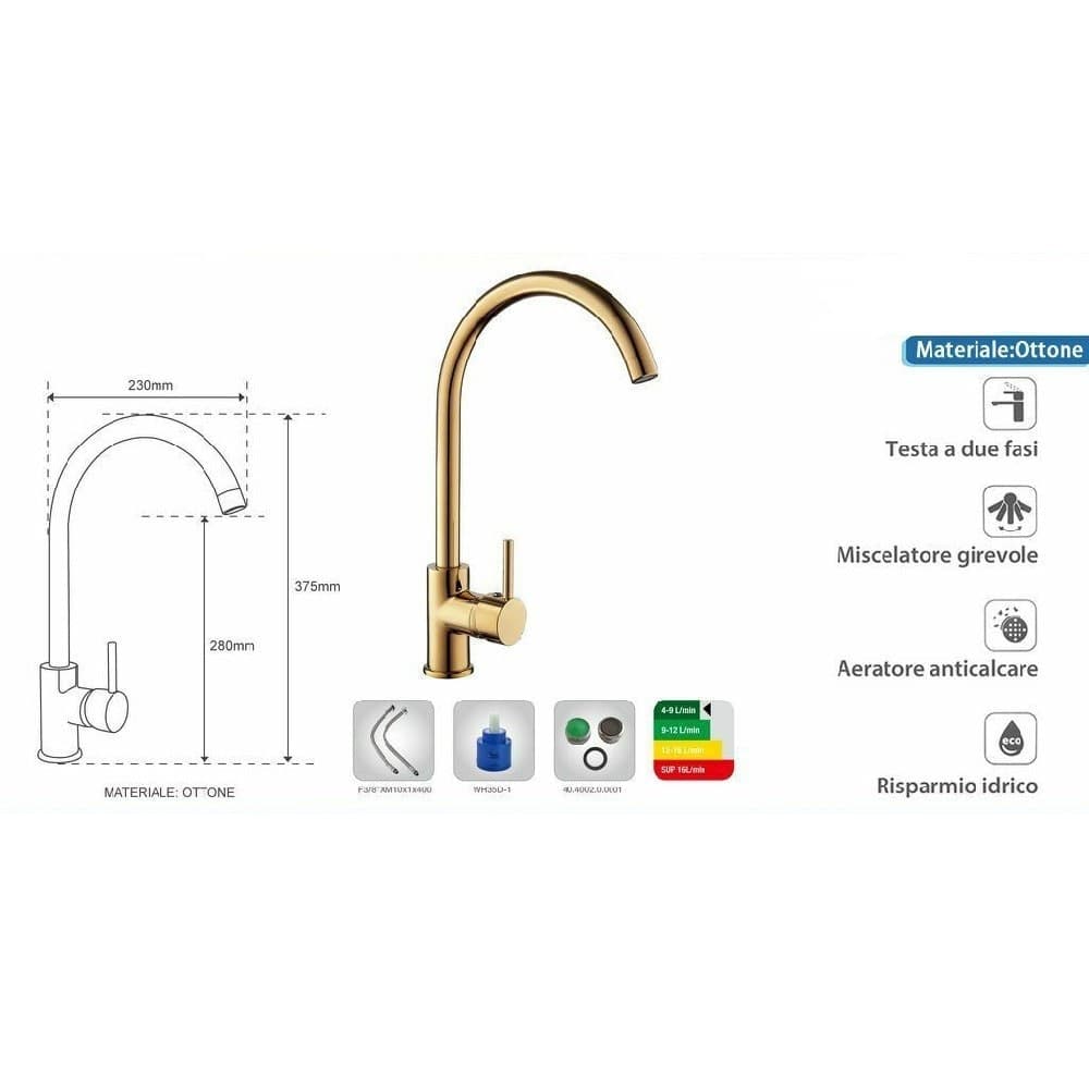 RUBINETTO MISCELATORE PER LAVELLO DA CUCINA MATERIALE OTTONE DORATO VERONA - 2