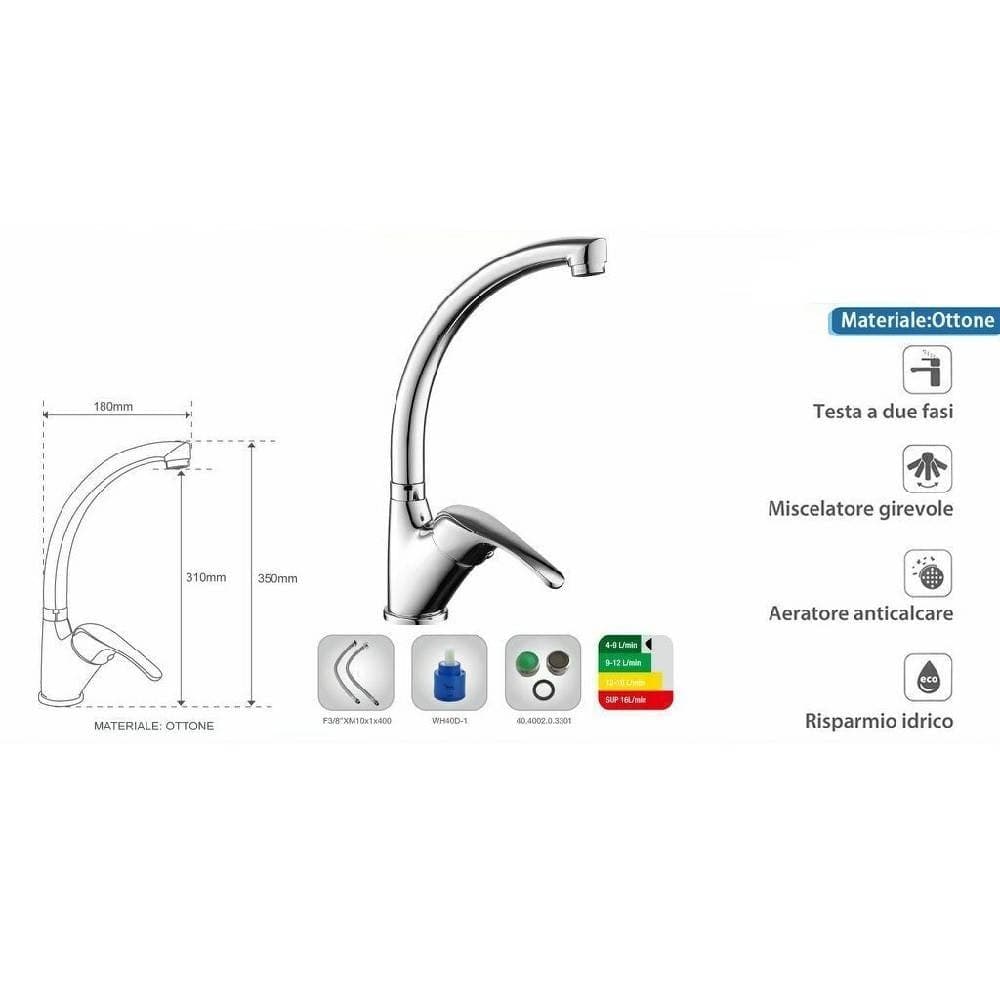 RUBINETTO MISCELATORE PER LAVELLO DA CUCINA MATERIALE OTTONE CROMATO TARANTO - 2