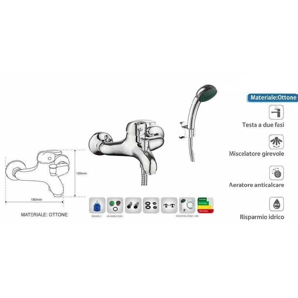 KIT COMPLETO RUBINETTO MISCELATORE VASCA DA BAGNO + DOCCETTA CROMATO TARANTO - 2