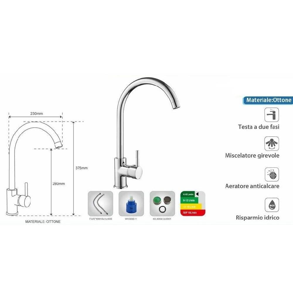 RUBINETTO MISCELATORE PER LAVELLO DA CUCINA MATERIALE OTTONE CROMATO VERONA - 2