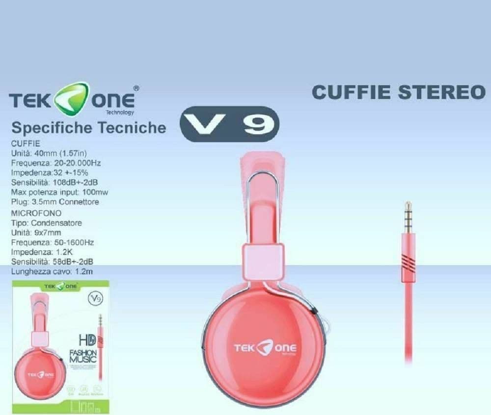 CUFFIE STEREO TEKONE V9 CON MICROFONO DINAMICHE HEADPHONES HI-FI ROSA AZZURRO - 2