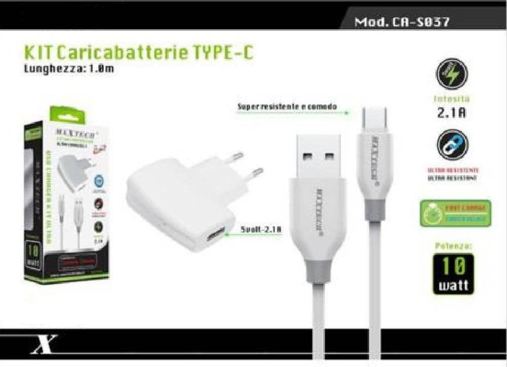 KIT CARICABATTERIE CARICATORE RICAMBIO 10W CAVO TYPE-C 2.1A 1MT MAXTECH CA-S037 - 3