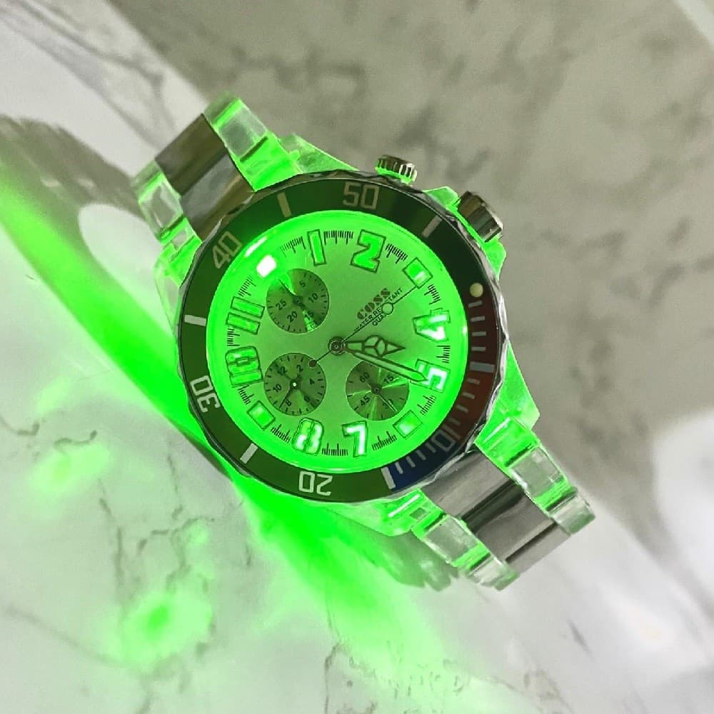 OROLOGIO POLSO COSS UOMO ANALOGICO QUARZO LUMINOSO SILVER VERDE QUADRANTE BIANCO - 2
