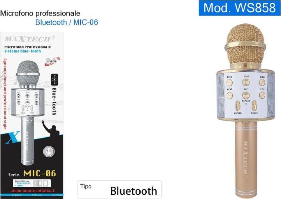 MICROFONO ALTOPARLANTE BLUETHOOT WIRELESS CON SPEAKER KARAOKE MAXTECH MIC-06 - 5