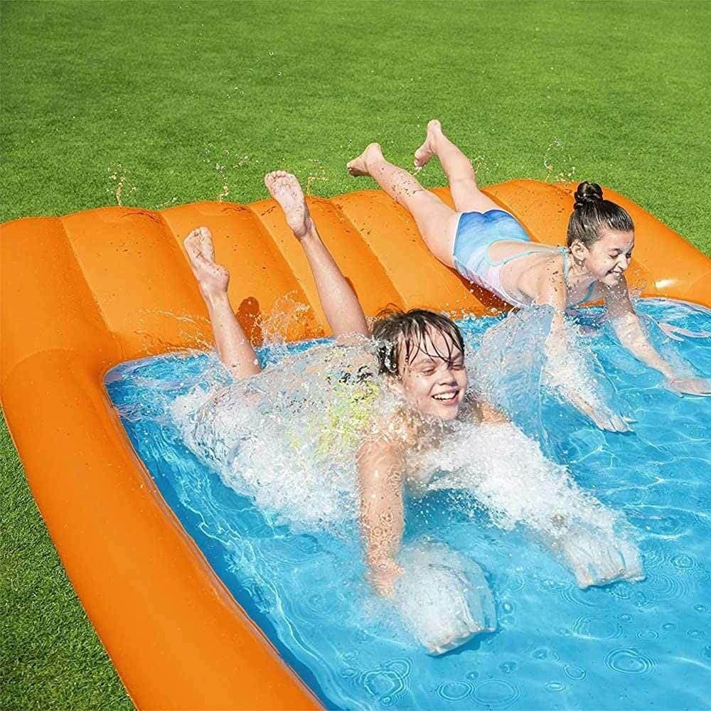 PISCINA ACQUASCIVOLO CON SCIVOLO ACQUA E SPRUZZI 341 X 213 CM PVC ARANCIONE - 5