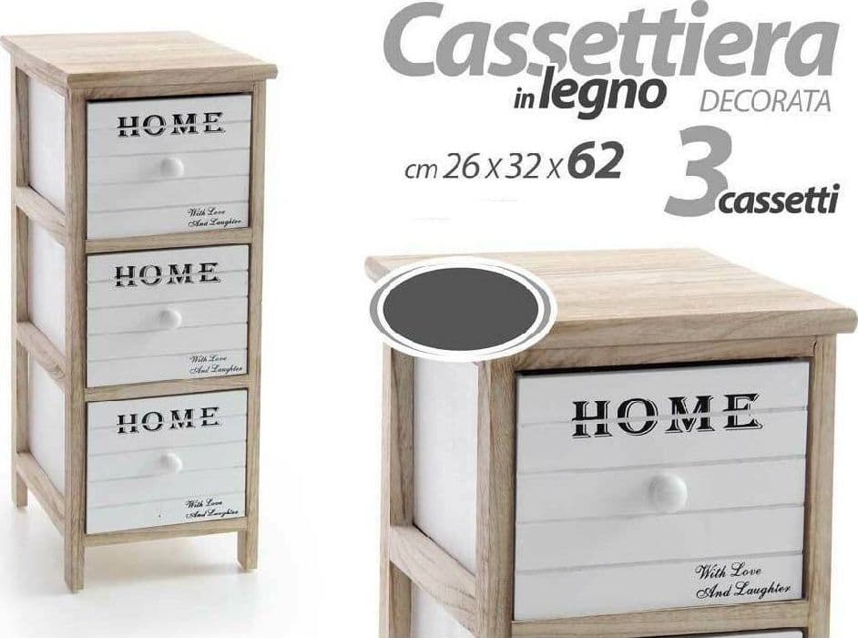 CASSETTIERA 3 CASSETTI H62 26X32CM BIANCA LEGNO NATURALE MODERNA PORTAOGGETTI - 2