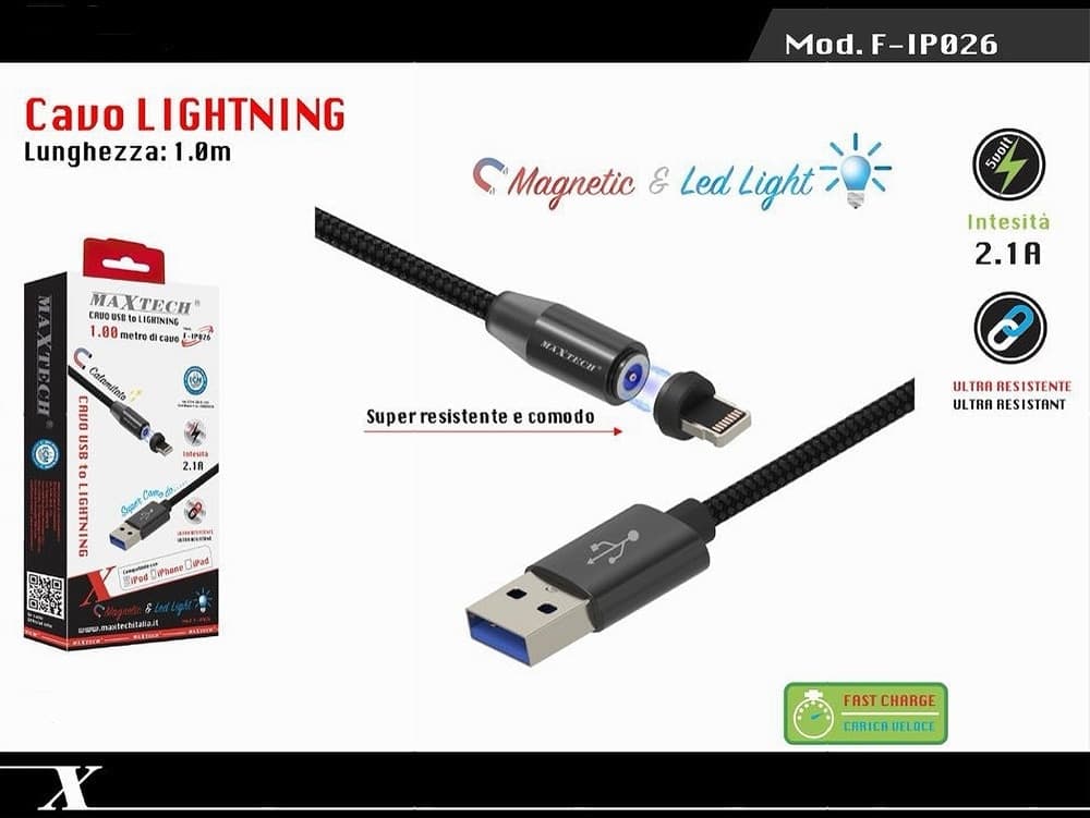 CAVO LIGHTNING 1MT USB INTRECCIATO MAGNETICO RICARICA IPAD IPHONE MAXTECH F-IP026 - 5