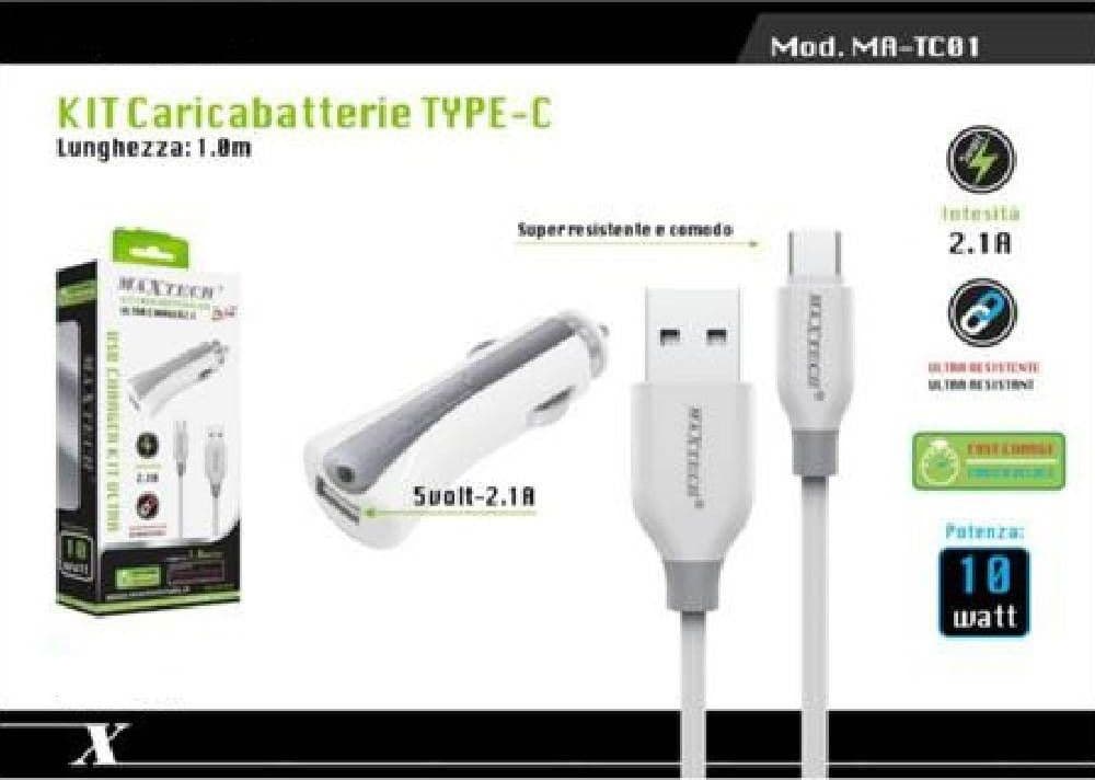 CARICABATTERIE CARICATORE AUTO CAVO USB TYPE-C 1MT RICARICA 10W MAXTECH MA-TC01 - 2