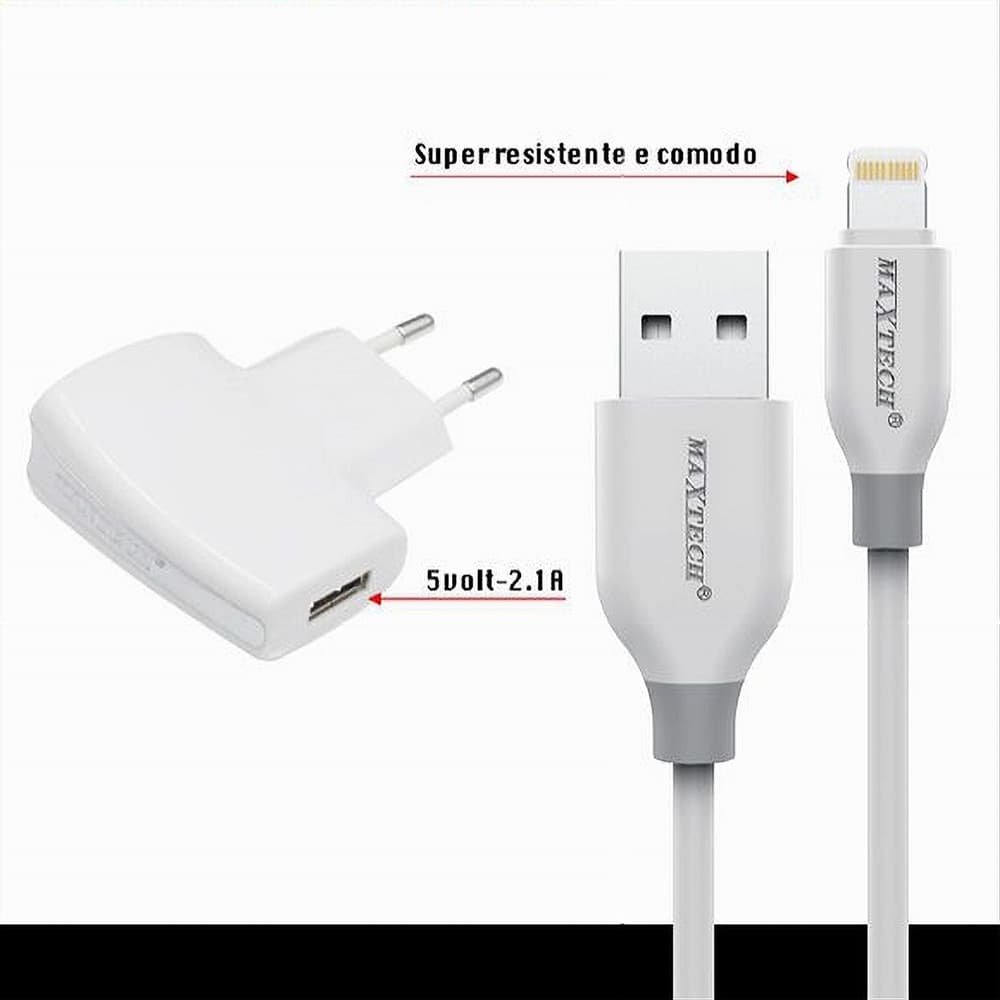 KIT CARICABATTERIE + CAVO USB CONNETTORE LIGHTNING 10W 2.1A 1MT MAXTECH CA-S035 - 3