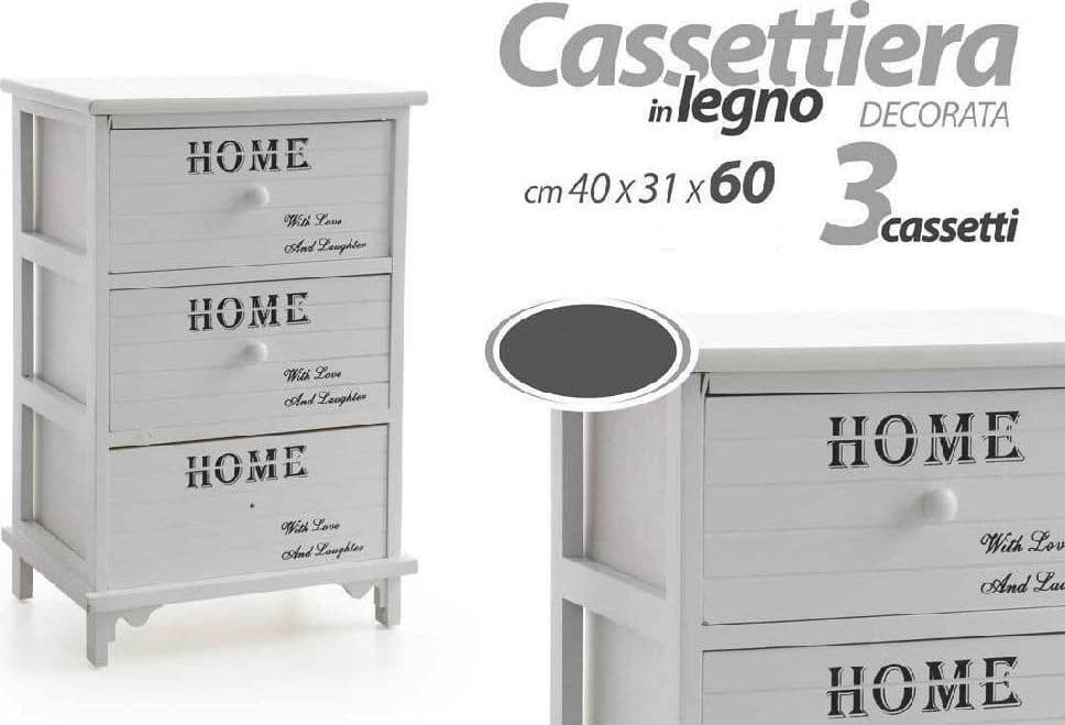 CASSETTIERA 3 CASSETTI 60X40X31CM COMODINO HOME BIANCO LEGNO MODERNA MULTIUSO - 2