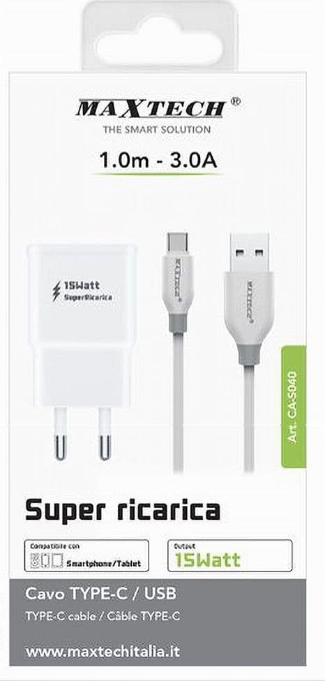 KIT CARICABATTERIA SPINA 2 PORTE USB + CAVO TYPE-C 1 METRO 3A MAXTECH CA-S040 - 3