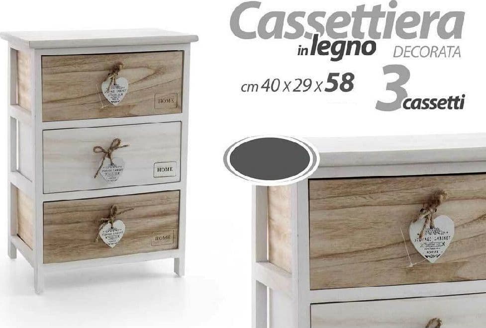 CASSETTIERA CON 3 CASSETTI 58X40X29CM CUORE BIANCO LEGNO NATURALE CASA MODERNO - 2