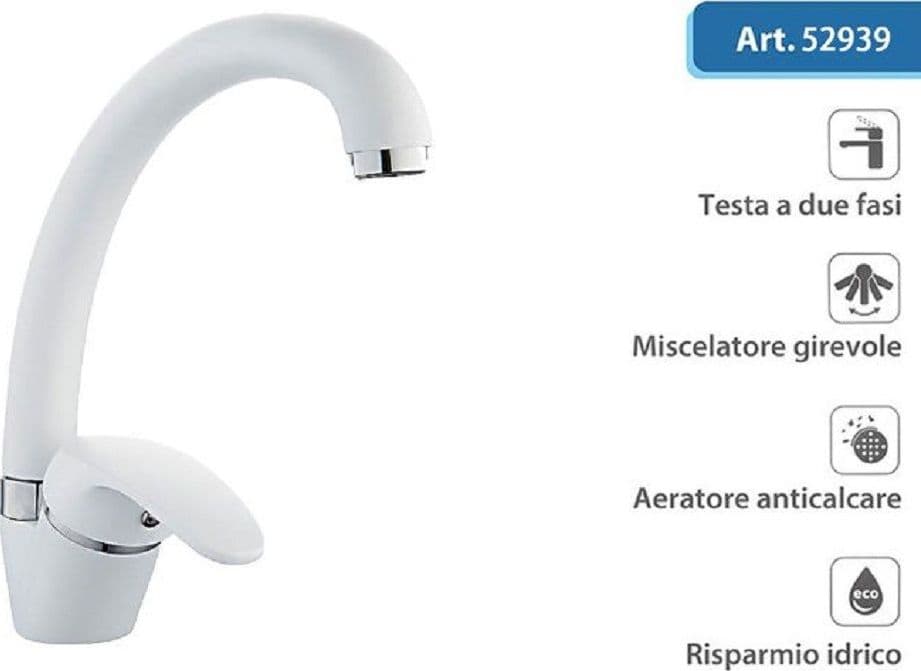 MISCELATORE RUBINETTO MONOCOMANDO PER LAVELLO CUCINA CANNA CURVA BIANCO 52939 - 2