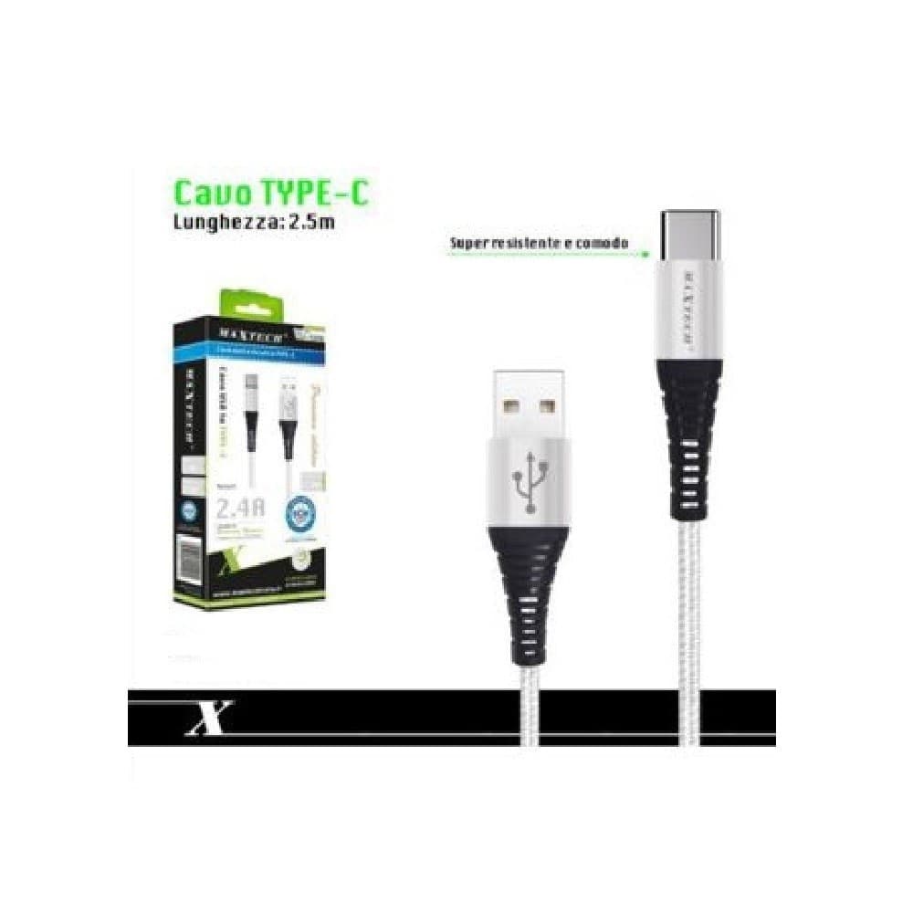CAVO USB TYPE-C RICARICA VELOCE 3A 2.5 METRI TRASFERIMENTO DATI MAXTECH F-TC010 - 5