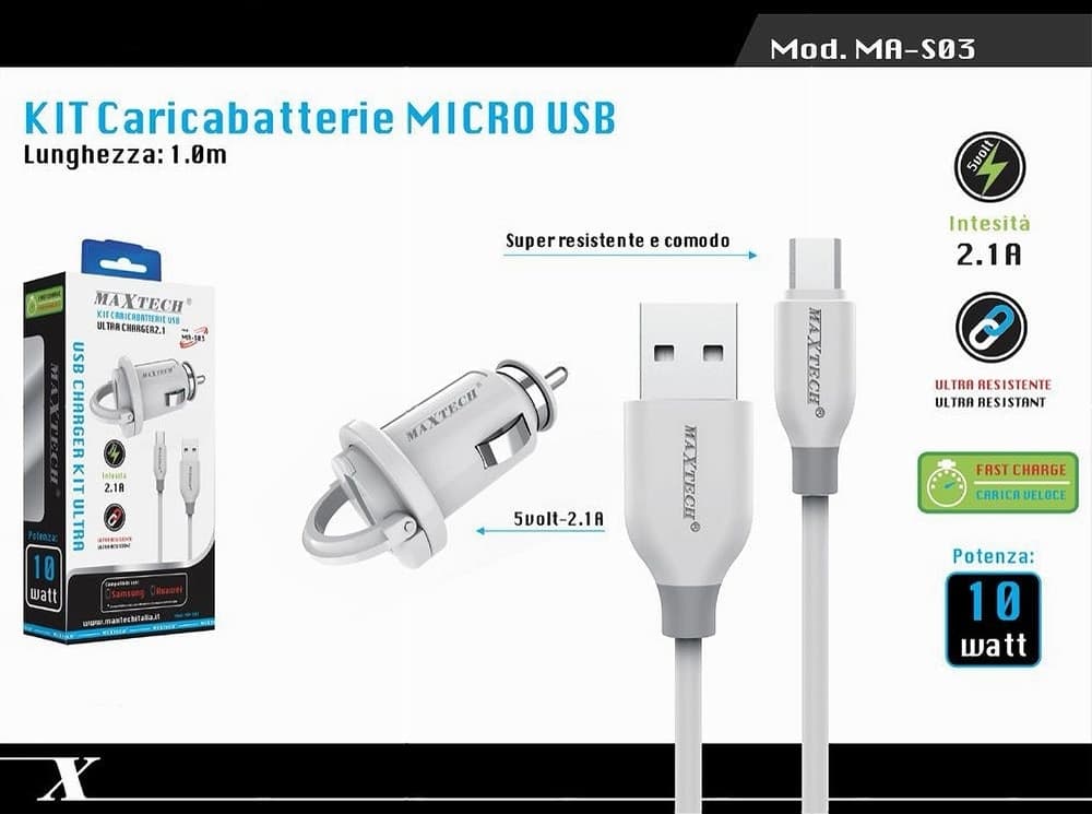 KIT CARICABATTERIE CARICATORE DA AUTO + CAVO MICRO USB 1MT 10WATT MAXTECH MA-S03 - 4