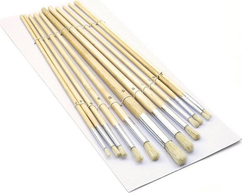 SET 12 PENNELLI PENNELLO PUNTA TONDA MANICO LEGNO LUNGO PITTURA ARTE DECOUPAGE - 3